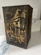 Antique Victorian Gold Black Tin Lithograph Tea Caddy Container Ornate Design picture