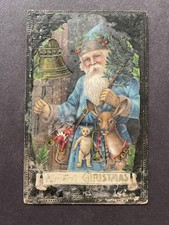 Antique Blue Santa Claus Reindeer Toys Embossed Postcard Germany Christmas picture