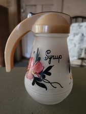 Vintage Hazel Atlas Glass Syrup Dispenser with Hand Painted Flowers Pink Yellow  picture