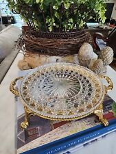 Hollywood Regency Handled Cake Plate, Perfume Tray, Gold, Pressed Glass picture