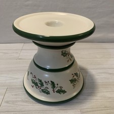 Holly Holiday Ceramic Pedestal Candle Holder Holly Pattern White Green Red 5” picture