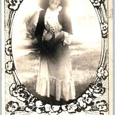 c1900s Cute Smiling Woman RPPC Fancy Border Real Photo Antique Postcard B&W A1 picture