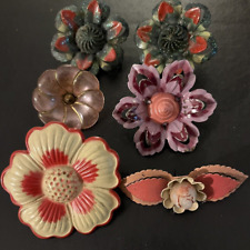 6 VTG Pinks, Green Metal Flower Push Pins, Curtain Tie Backs 1940s, 50s picture