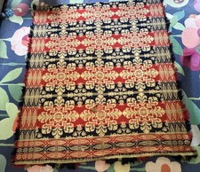 Antique American Jacquard Coverlet Navy Red Gold Medallion Fringe Wool 90x94 C28 picture