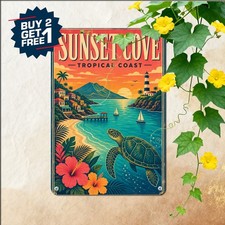 Bold Top Typography Sunset Bay Tropical Coast Poster Retro Ocean Metal Plaque picture