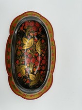 Vintage Khokhloma Hand Painted Wood Bowl Oval Floral Berry Design Made in Russia picture