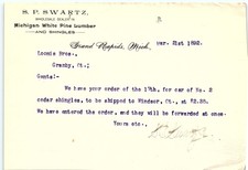 1892 Michigan lumber billhead, S.P. Swartz to Loomis Bros. picture
