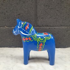 Read Vintage Dala Horse Nils Olsson Wooden Blue Hand Painted Swedish Folk Art 4” picture