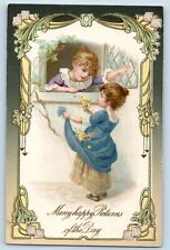 Happy Returns Postcard Little Girls With Flowers On Window Nash Embossed c1910s picture