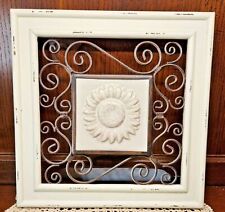 Vintage Framed Scrolled Metal White Tile Flowers Wall Art Sunflowers picture
