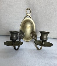 Vintage Solid Brass Double Arm Wall Sconce Candle Holder Patina Colonial picture