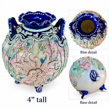 Handmade Moriage Style Tripod Vase Cobalt Blue Ruffled Rim Floral 4 in picture
