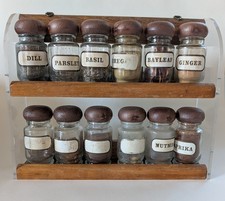 Vintage made in Japan Wood and Acrylic MCM Spice Rack and Spice Jars picture