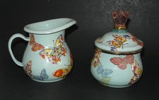 Vintage Mackenzie Childs Blue Butterfly Creamer Sugar Bowl W Lid Set Retired picture