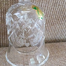 Clear Cut Crystal Glass Bell, Floral Etched Pattern, Green Foil Label Decor picture