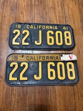 CALIFORNIA 1941 License Plate SET PAIR CAL 41 W 157 w/ METAL 'V' TAG TAB picture