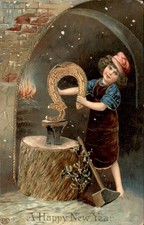 New Year's Girl with Horseshoe Embossed c1910s-20s Vintage Postcard picture