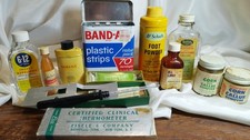 Vintage Apothecary Store Advertising Lot 11 Medicine Cabinet Tins Glass Bottles picture