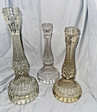 Vintage Pressed Glass Candlestick Holders Set of 3 – Diamond Cut Pattern Fluted picture