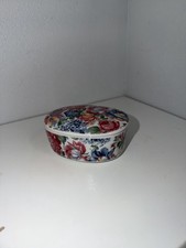 Vintage Porcelain Ceramic Hand Painted Oval Floral Trinket Box Dish w/ Lid JAPAN picture