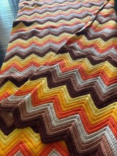 Vintage 70s Crochet Afghan Blanket Chevron Retro Autumn Disco Boho Orange 70x34 picture