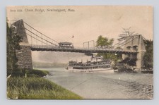 Postcard Newburyport MA Chain Bridge Trolley Boat picture