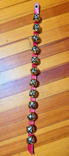 12 Vintage LARGE Gold Tone SLEIGH BELLS on RED LEATHER STRAP Holiday Decorating picture