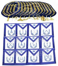 Masonic Blue Lodge Officers Aprons Regalia Set of 12 & Blue Backing Chain Collar picture