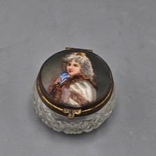 Antique French Cut Crystal Round Trinket Box Portrait  Lady Hinged Lid Mirror picture