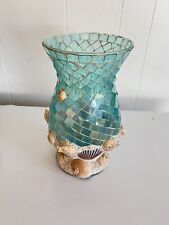 Teal Blue and Green Mosaic Glass Vase w/ Shell Sand Design 10.5