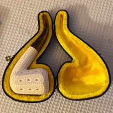 Vintage Carved Meerschaum Tobacco Pipe w/ Brown Stem, Yellow-Lined Fitted Case picture