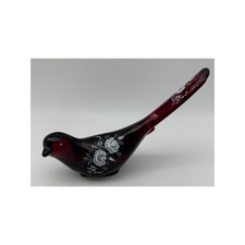Fenton Ruby Red Hanpainted Happiness Bird Original Sticker Paperweight Glass picture