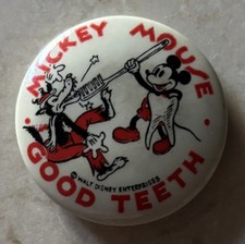 Rare Vtg 1930s Disney MICKEY MOUSE GOOD TEETH Dental Association Pin-back Button picture