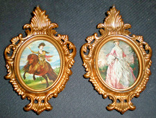 Pair of  Vintage Mini Gold Oval Art Prints w/Ornate Scrollwork Frames, Hong Kong picture