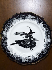 Halloween Witch Black & White Round Ceramic Plate w/ Floral Border, Glossy picture