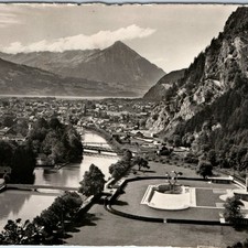 c1940s Interlaken Unterseen mit Niesen Switzerland RPPC Postcard Strandbad Pool picture