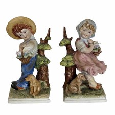 LEFTON CHINA Girl & Boy Figurines KW5051 W/ Dog & Flowers In Country Mint Pair picture
