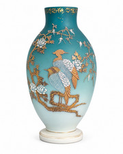 Antique Victorian Blue Satin Glass Vase Raised Gilt Enamel Birds Japonesque 12in picture