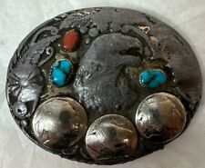 Vintage Buffalo Nickels Belt Buckle Handcrafted SSY  Turquoise Coral Silver Tone picture