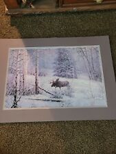 Moose in pink snow #123/999 signed J Henning? 29x21 matted unframed  picture