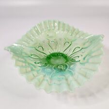 Vintage Ruffled Green Opalescent Glass Footed Candy Dish/Home Accent Decor  picture