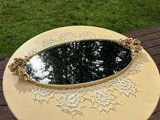 Vintage Ornate Brass Rose Oval Mirrored Dresser Vanity Tray, Large Mid-Century picture