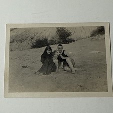 Vtg 1920s Beachgoers Man Woman Dog Sand Swimsuit Dune Photo picture