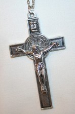 Large Lined Beveled Silvertone St Benedict Crucifix Cross Necklace picture