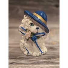 Vintage Ceramic Poodle Figurine Blue Hat Flowers Pearls White Dog Taiwan 5.75