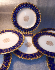 7 X W.T. Copeland ENGLAND gilded cobalt blue PLATES FOR GILMAN COLLAMORE  8 3/8