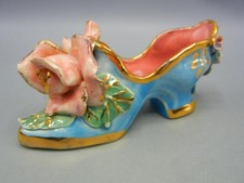 Vintage Porcelain Figurine SHOE Slipper Pink Sculpted Flowers Turquoise Blue picture