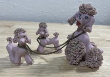 Vintage Pink Spaghetti Poodle Dog - Mother & 2 Pups On Chain - Rhinestone Eyes picture