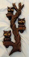 Vintage Carved Burned Wood 3 Owls on a Tree Branch Retro Wall Art Boho 20” X 8” picture