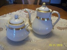 White Antique Porcelain China Coffee Pot & Covered Sugar Bowl With Gold Trim picture